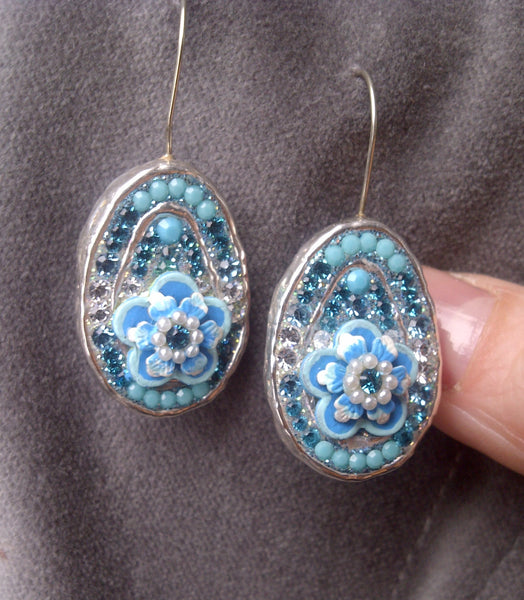 Orit Schatzman- Sterling/Blue Flower Crystal Earrings - LittleGemsUSA - 3